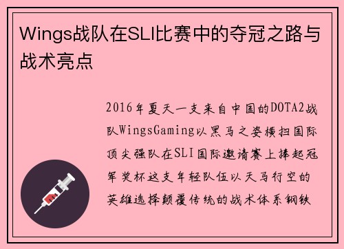 Wings战队在SLI比赛中的夺冠之路与战术亮点